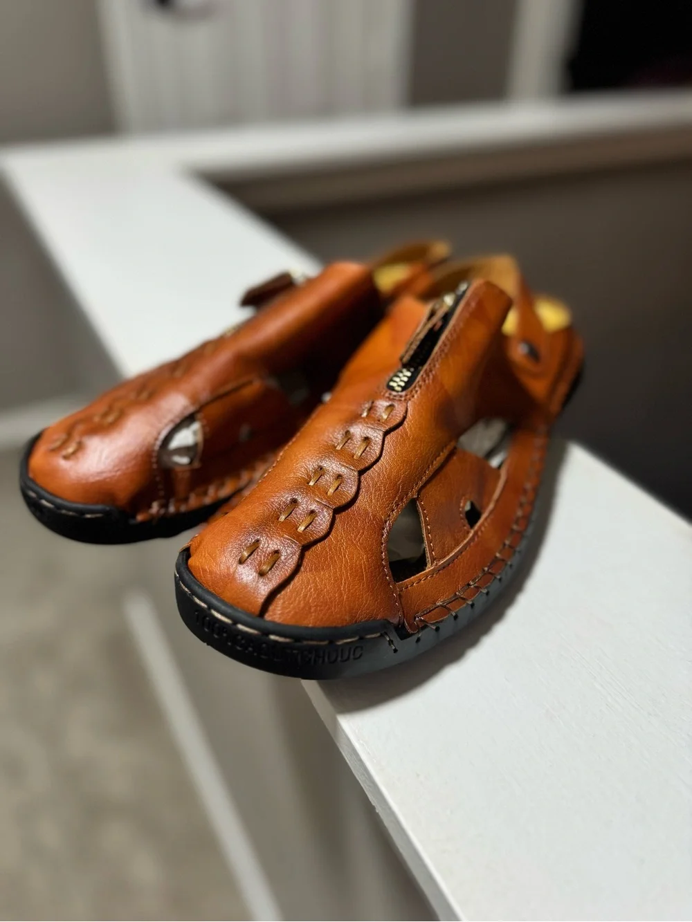 Men's Tan Leather Slingback closed toe Sandals with Zipper Accent 46/12.5